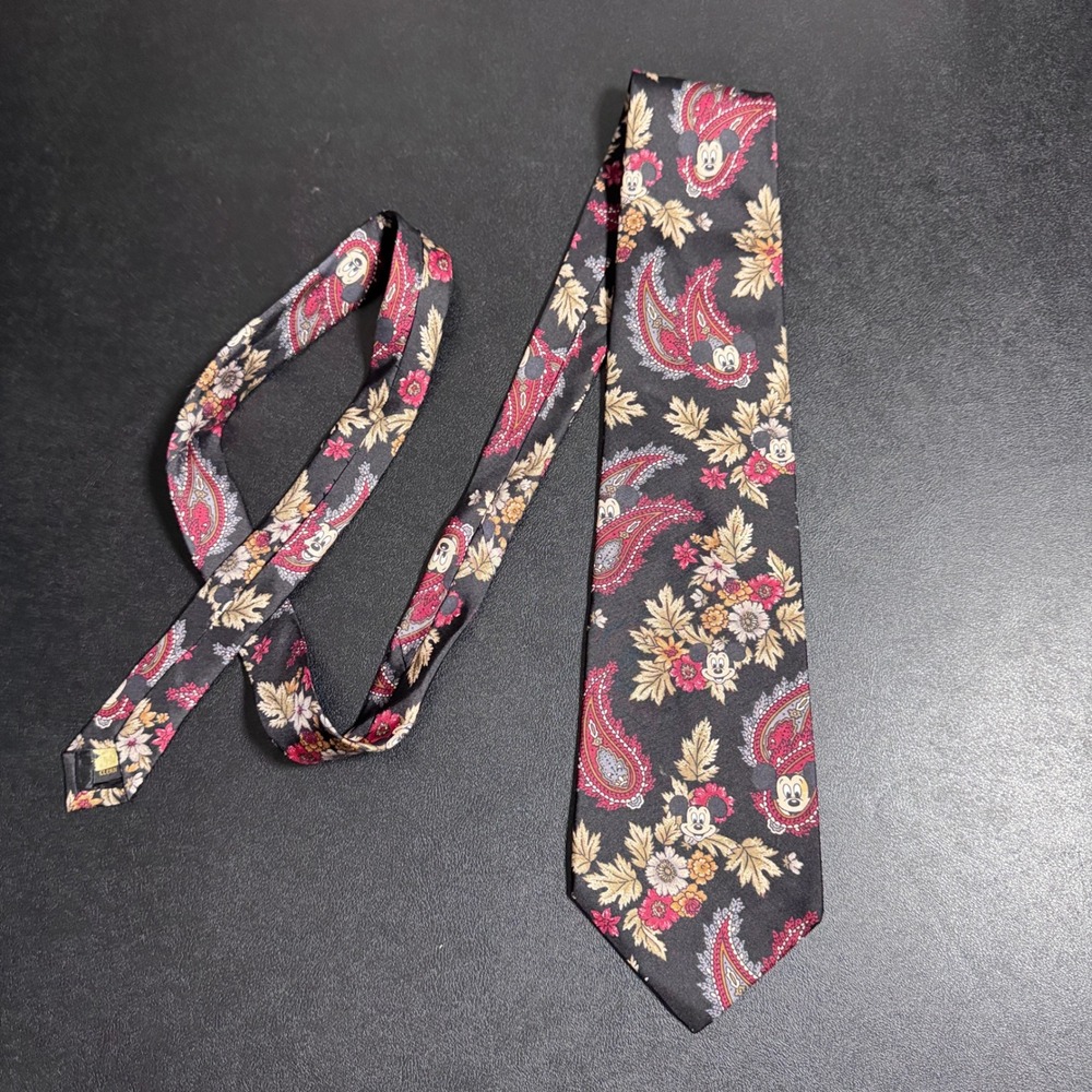 Disney Mickey Mouse Necktie Mens OS Black Red Gold Paisley Floral Vintage Silk